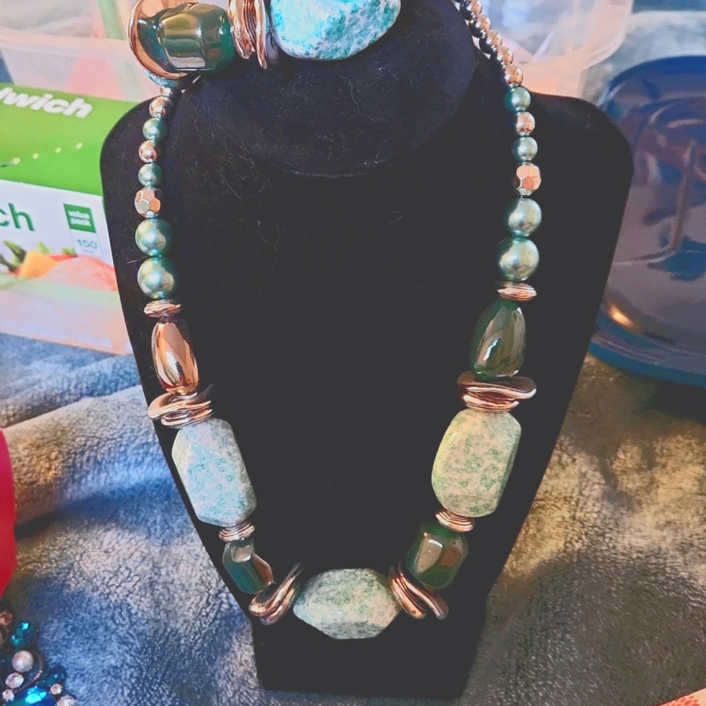 Teal or Black Beaded Necklace, Earrings & Bracelet Set